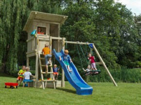 Play equipment Beach hut low with swing and slide | Blue Rabbit