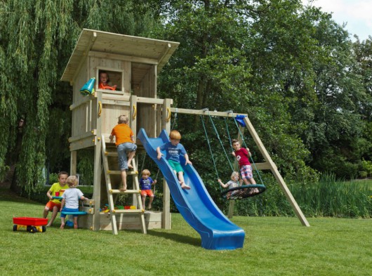 Blue Rabbit Beach Hut high play tower with slide and swing