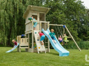 Play equipment Beach hut 120 with swing, climbing wall and 2 slides