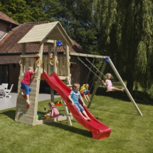 The Belvedere High playset comes with a wooden swing frame.