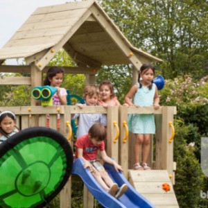 The high Pagoda play tower is supplied without swing seats.