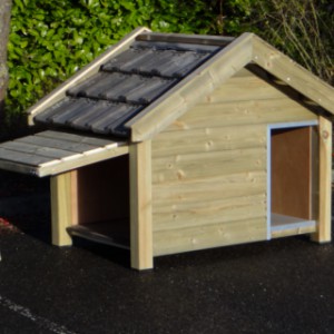 Dog house with side panel which can be opened