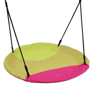 The nest swing has the colours magenta/lime green