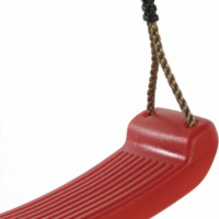 The red swing seat is made of blown plastic