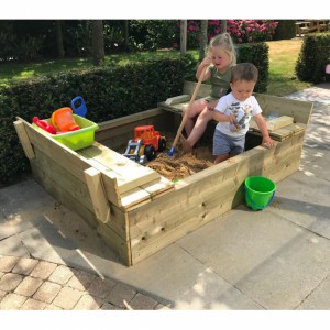 Sandbox Cubic with foldable benches • impregnated wood • 120x150cm